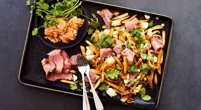 Caramelized onion, kimchi and smoked meat poutine